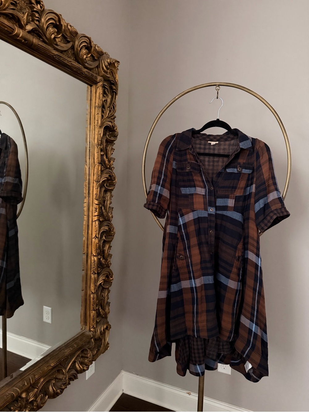 Anthropologie Holding Horses Brown and Blue Plaid Button-Front Tunic Shirt